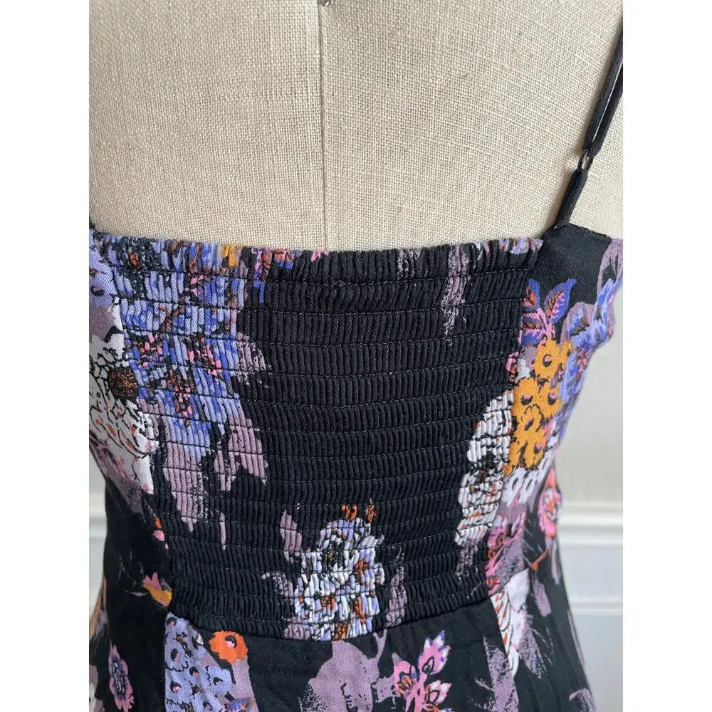 Free People Happy Heart Floral Mini Dress Black Smocked Tie Front Small